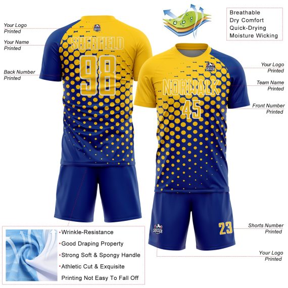 Custom Royal Yellow-White Modern Polka Dot Sublimation Soccer Uniform Jersey
