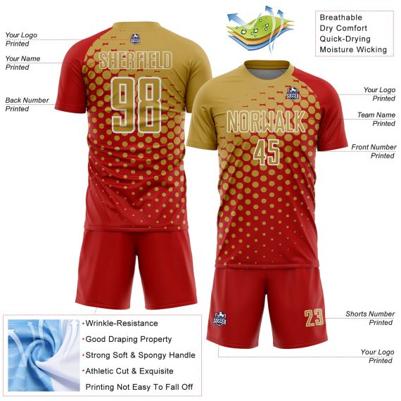 Custom Red Old Gold-White Modern Polka Dot Sublimation Soccer Uniform Jersey