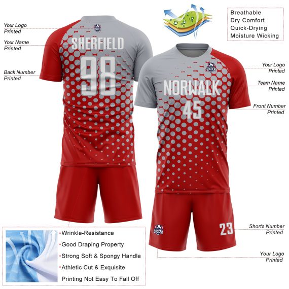 Custom Red White-Gray Modern Polka Dot Sublimation Soccer Uniform Jersey